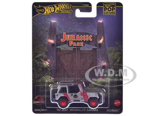 1992 Jeep Wrangler Sahara Gray with Red Stripes Jurassic Park 1993 Movie Pop Culture Series Diecast Model Car Hot Wheels JBL59