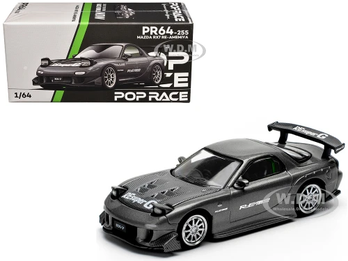 Mazda RX7 FD RE Amemiya Widebody RHD Right Hand Drive Gunmetal Gray Metallic with Carbon Hood 1/64 Diecast Model Car Pop Race PR640255