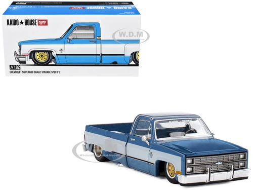 Chevrolet Silverado Dually Pickup Truck Vintage Spec V1 Light Blue Metallic with White Sides and Interior Designed by Jun Imai Kaido House Special 1/64 Diecast Model Car Mini GT KHMG192
