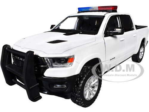 2019 RAM 1500 Laramie Crew Cab Pickup Truck White with Flashing Light Bar and Front and Rear Lights and Sounds 1/24 1/27 Diecast Model Car Motormax 79544W