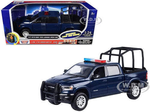 2019 RAM 1500 Laramie Crew Cab Pickup Truck with Bed Cage Dark Blue with Flashing Light Bar and Front and Rear Lights and Sounds 1/24 1/27 Diecast Model Car Motormax 79545BL