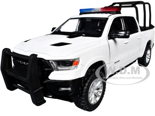 2019 RAM 1500 Laramie Crew Cab Pickup Truck with Bed Cage White with Flashing Light Bar and Front and Rear Lights and Sounds 1/24 1/27 Diecast Model Car Motormax 79545W