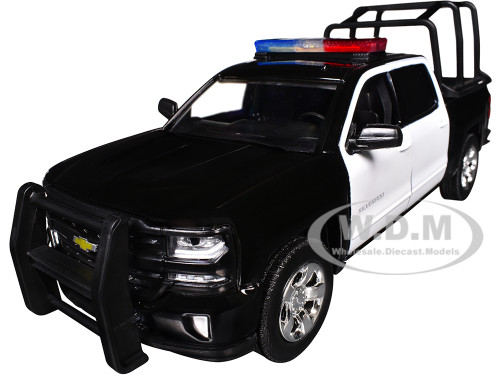 2017 Chevrolet Silverado 1500 LT Z71 Crew Cab Pickup Truck with Bed Cage Black and White with Flashing Light Bar and Front and Rear Lights and Sounds 1/24 1/27 Diecast Model Car Motormax 79547BKW