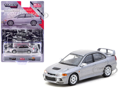 Mitsubishi Lancer Evolution IV Silver Metallic with Tarmac Cards Global64 Series 1/64 Diecast Model Tarmac Works T64G-076-SL