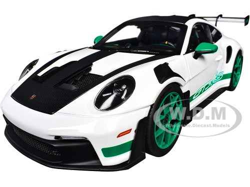 2022 Porsche 911 GT3 RS Weissach Pack White with Green Stripes And Carbon Hood and Top 1/18 Diecast Model Car Norev 187372