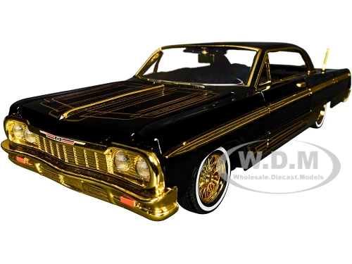 1964 Chevrolet Impala Lowrider Black with Gold Graphics and Wheels Midnight Eclipse Series 1/24 Diecast Model Car Motormax 79202BK