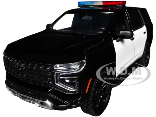 2025 Chevrolet Tahoe PPV Black and White Builder s Kit with Flashing Light Bar and Front and Rear Lights and Sounds 1/24 Diecast Model Car Motormax 79623BKW