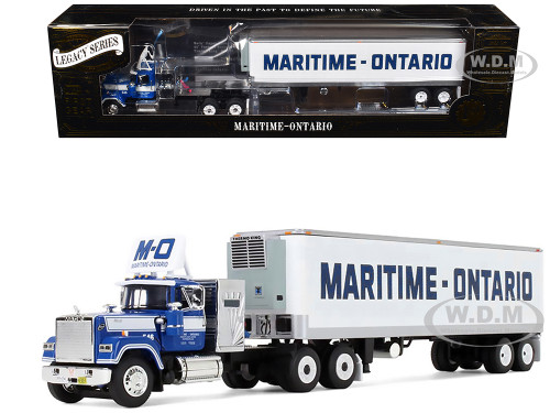 Mack Super Liner with 36 Vintage Sleeper and 40 Vintage Trailer with Reefer Maritime Ontario Blue with White Stripes Legacy Series #4 1/64 Diecast Model DCP/First Gear 69-2273