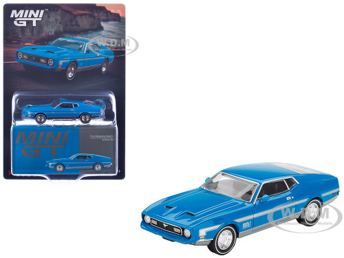 Ford Mustang Mach 1 Grabber Blue with Silver Stripes Limited Edition 1/64 Diecast Model Car Mini GT MGT01138