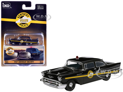 1957 Chevrolet One Fifty Police Car Kentucky State Police Black with Yellow Stripes 1/64 Diecast Model Car IXO Models IA64015