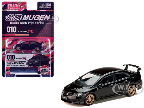 Honda Mugen Civic Type R FD2 RHD Right Hand Drive Crystal Black Pearl with Gold Wheels JDM64 Series 1/64 Diecast Model Car Hobby Japan HJDM010-17MJ