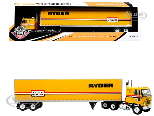 1970 GMC Astro 95 Tractor with Dry Van Trailer Ryder Truck Rental Yellow with Stripes North American Vintage Truck Collection Limited Edition to 504 pieces Worldwide 1/43 Diecast Model Iconic Replicas 43-0662