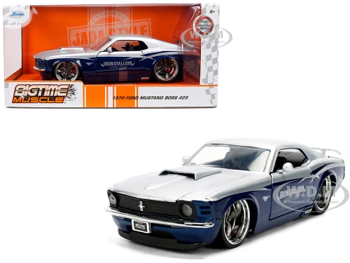 1970 Ford Mustang Boss 429 Iron Stallion Speed Shop Silver and Dark Blue Metallic Bigtime Muscle Series 1/24 Diecast Model Car Jada 36639