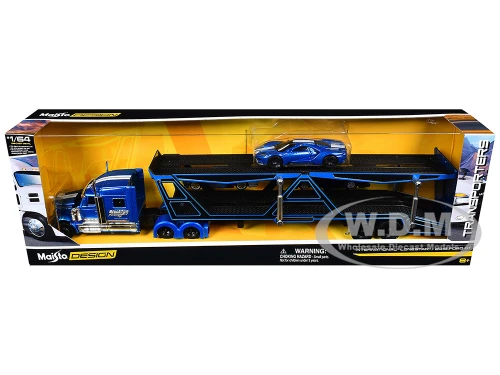International Lonestar BlackTop Transport Open Car Hauler Blue Metallic with White Stripes and Graphics and 2019 Ford GT Blue Metallic with White Stripes Transporters Series 1/64 Diecast Models Maisto 11454BL