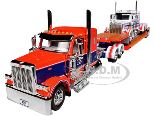 Peterbilt 589 with 44 Flat Top Sleeper Red with Blue Stripes and Fontaine Renegade LXT40 Lowboy Trailer with Peterbilt 359 Load White with Blue and Red Stripes America 250 1/64 Diecast Model DCP/First Gear 69-2348