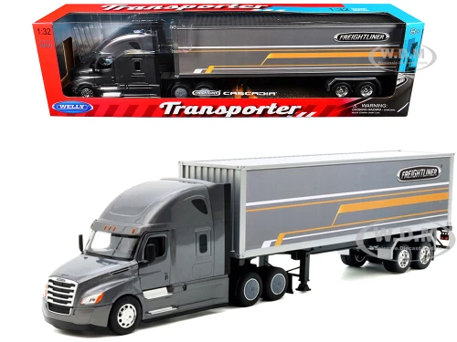 Freightliner Cascadia Truck Gray Metallic with Gray Container with Graphics Transporter Series 1/32 Diecast Model Welly 32696W-MJ-C