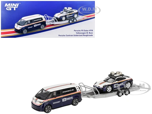 Porsche 911 Dakar #718 Blue and White with Roof Rack and Volkswagen ID Buzz Blue and White with Flatbed Trailer Porsche Centrum Gelderland Roughroads Set of 3 pieces Limited Edition 1/64 Diecast Model Car Mini GT MGTS0019