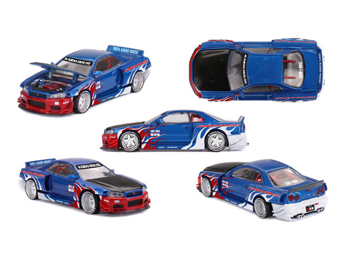Nissan Skyline GT-R R34 RHD Right Hand Drive Kaido House Flames V1 Blue Metallic Red White Flame Graphics Designed by Jun Imai Kaido House Special 1/64 Diecast Model Car Mini GT KHMG294
