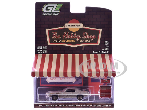 1970 Chevrolet Camaro Cortez Silver Unrestored with Tool Cart and Creeper The Hobby Shop Series 17 1/64 Diecast Model Car Greenlight 97170C