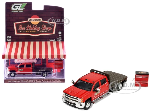2016 Chevrolet Silverado 3500HD Dually Flatbed Truck Hobby Shop Auto Mechanic Red with Tool Cabinet The Hobby Shop Series 17 1/64 Diecast Model Car Greenlight 97170D