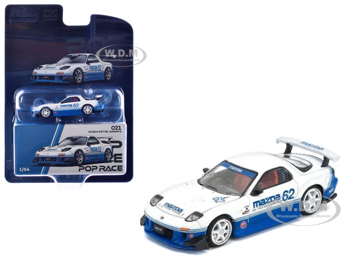 Mazda RX7 RE Amemiya RHD Right Hand Drive #62 White and Blue with Graphics Enigma Exclusive Edition 1/64 Diecast Model Car Pop Race PR64-PRE021