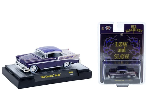 1956 Chevrolet Bel Air Low and Slow Purple Two Tone with Graphics Limited Edition to 5500 pieces Worldwide 1/64 Diecast Model Car M2 Machines 31500-HS73