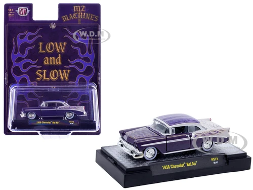 1956 Chevrolet Bel Air Low and Slow Purple Two Tone with Graphics Limited Edition to 5500 pieces Worldwide 1/64 Diecast Model Car M2 Machines 31500-HS73