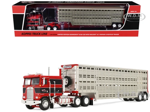 Kenworth K100 COE Flat Top and 45 Wilson Vintage Livestock Trailer Koppes Truck Line Red with Black Stripes 1/64 Diecast Model DCP/First Gear 69-2432