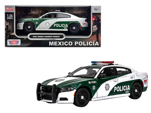 2023 Dodge Charger Pursuit Police Car Policia Ciudad De Mexico Mexico City Police White Green Mexico Policia Series 1/24 Diecast Model Car Motormax 76996-PL