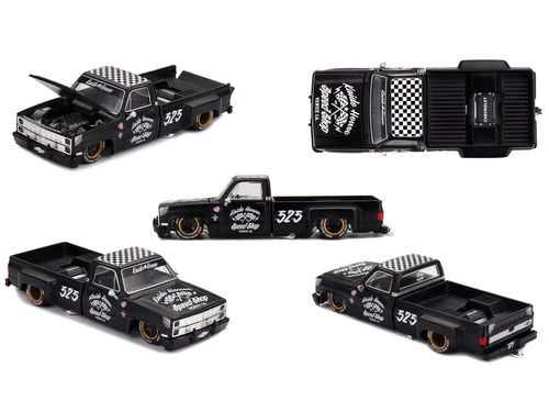 Chevrolet Silverado Dually Pickup Truck Hot Rod V1 Matt Black with Checkered Top and Graphics Designed by Jun Imai Kaido House Special 1/64 Diecast Model Car Mini GT KHMG236