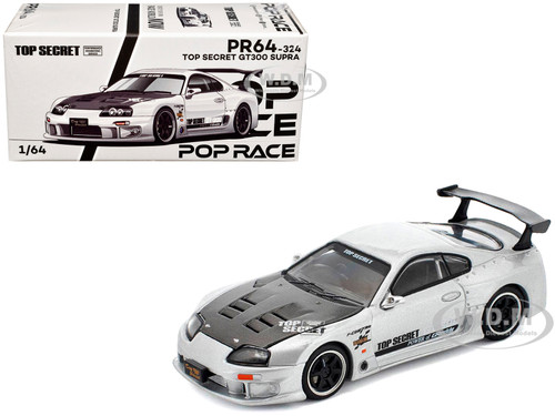 Toyota Supra Top Secret GT300 RHD Right Hand Drive Silver Metallic with Carbon Hood 1/64 Diecast Model Car Pop Race PR640324