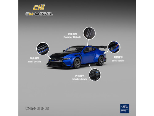 Ford Mustang GTD Lightning Blue Metallic Vivid Black Hood Top 1/64 Diecast Model Car CM Model CM64-GTD-03