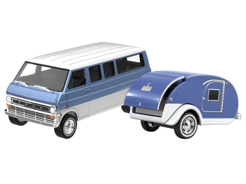 1974 Ford Club Wagon Medium Blue with Tear Drop Trailer Hitch & Tow Series 34 1/64 Diecast Model Car Greenlight 32340A