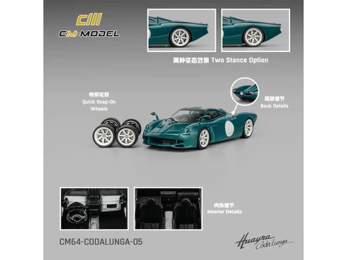 Pagani Huayra Codalunga Green with Sunroof and Extra Wheels 1/64 Diecast Model Car CM Model CM64-CODALUNGA-05
