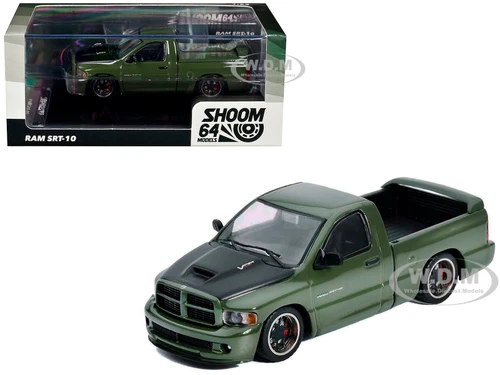 2003 Dodge Ram SRT 10 Pickup Truck Green Metallic with Matt Black Hood 1/64 Diecast Model Car Shoom64 Models SHOOM-103-017