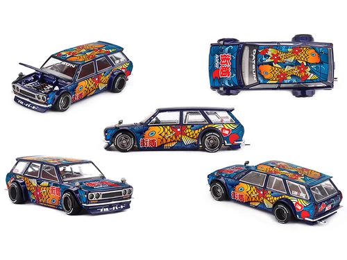 Datsun Kaido 510 Wagon RHD Right Hand Drive Koi Wagon V1 Blue with Koi Fish Graphics Designed by Jun Imai Kaido House Special 1/64 Diecast Model Car Mini GT KHMG248