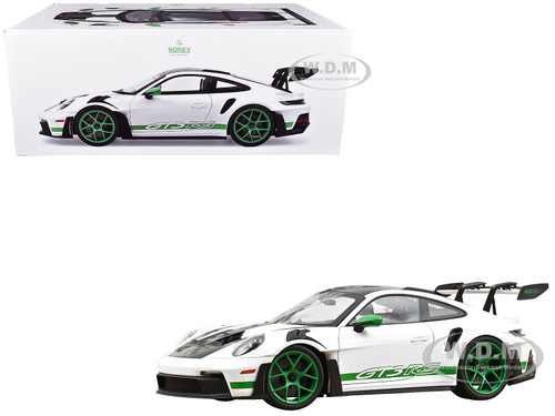 2022 Porsche 911 GT3 RS with Weissach Pack Tribute to Carrera RS White with Carbon Hood and Top and Python Green Stripes 1/12 Diecast Model Car Norev 127535