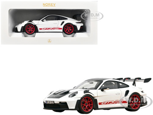 2022 Porsche 911 GT3 RS with Weissach Pack White with Carbon Hood and Top and Pyro Red Stripes and Wheels 1/18 Diecast Model Car Norev 187373
