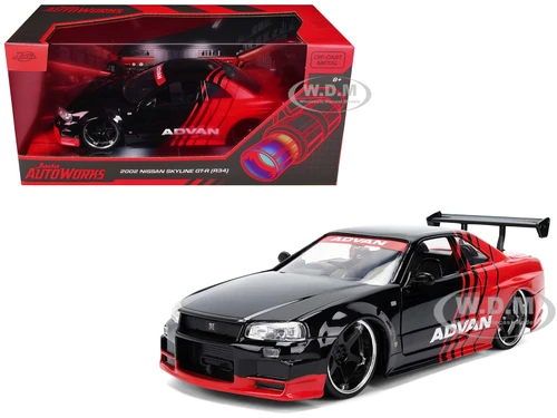 2002 Nissan Skyline GT R R34 RHD Right Hand Drive ADVAN Black and Red AutoWorks Series 1/24 Diecast Model Car Jada JA38346