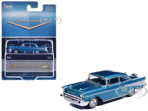 1957 Chevrolet Bel Air Sedan Harbor Blue Metallic with Blue Interior 1/64 Diecast Model Car IXO Models IA64021