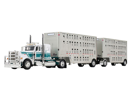 Peterbilt 389 with 36 Flat Top Sleeper and 28 Wilson Silverstar Double Livestock Trailers White with Dark Teal Stripes 1/64 Diecast Model DCP/First Gear 60-2343