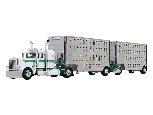 Peterbilt 389 with 36 Flat Top Sleeper and 28 Wilson Silverstar Double Livestock Trailers White with Green Stripes 1/64 Diecast Model DCP/First Gear 60-2433