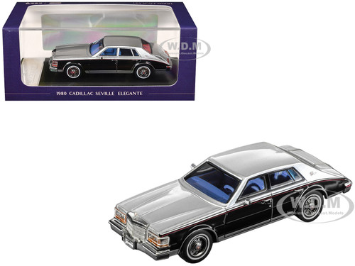 1980 Cadillac Seville Elegante Sable Black and Sheffield Gray Firemist with Blue Interior 1/64 Diecast Model Car Sun Star SS-60101