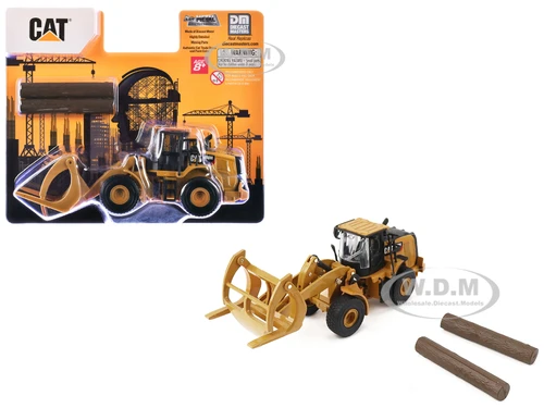 CAT Caterpillar 950M Wheel Loader Yellow with Log fork and Wood Log 1/64 Diecast Model Diecast Masters 84681CS