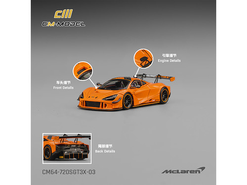 McLaren 720S GT3X Orange with Black Stripes 1/64 Diecast Model Car