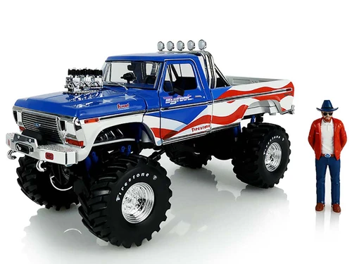1979 Ford F 250 Monster Truck Bigfoot USA 250 Tribute Blue with USA Flag Graphics and Bob Chandler Standing Figure Kings of Crunch Series 1/18 Diecast Model Car Greenlight 13726