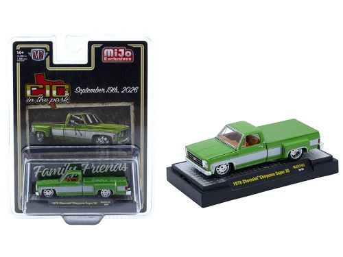 1978 Chevrolet Cheyenne Super 30 Pickup Truck Green Metallic with White Side Stripes C10s in the Park (2026) Limited Edition to 14300 pieces Worldwide 1/64 Diecast Model Car M2 Machines 31500-MJS105