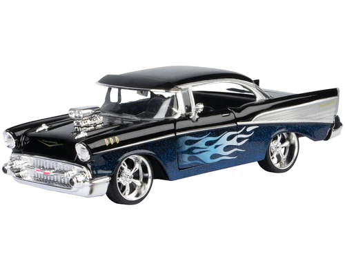 1957 Chevrolet Bel Air Black with Blue Flame Graphics Kult Klassics Series 1/24 Diecast Model Car Motormax 79886