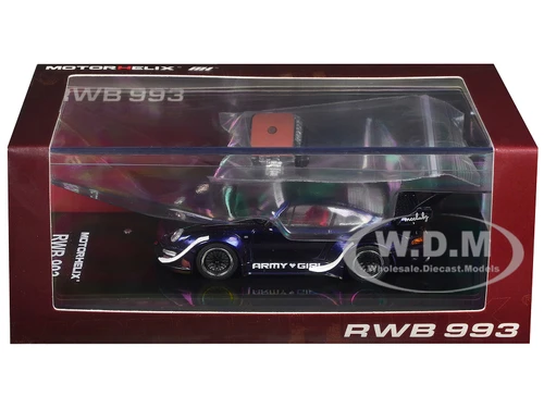 RWB 993 Army Girl Blue Metallic with White Accents and Display Engine 1/64 Diecast Model Car MotorHelix M62205