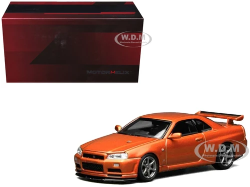 Nissan Skyline GT R R34 V Spec II RHD Right Hand Drive Orange Metallic Senior 64 Series 1/64 Diecast Model Car MotorHelix M63471